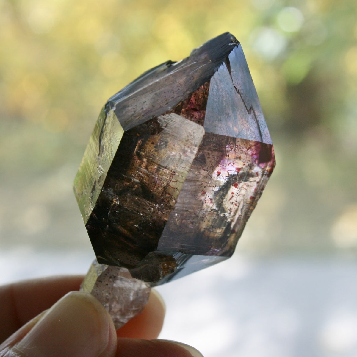 Smoky Quartz/Amethyst Scepter with 1 Enhydros, Lepidachrosite & Hematite, from Lusaka, Zambia, 46.2 grams