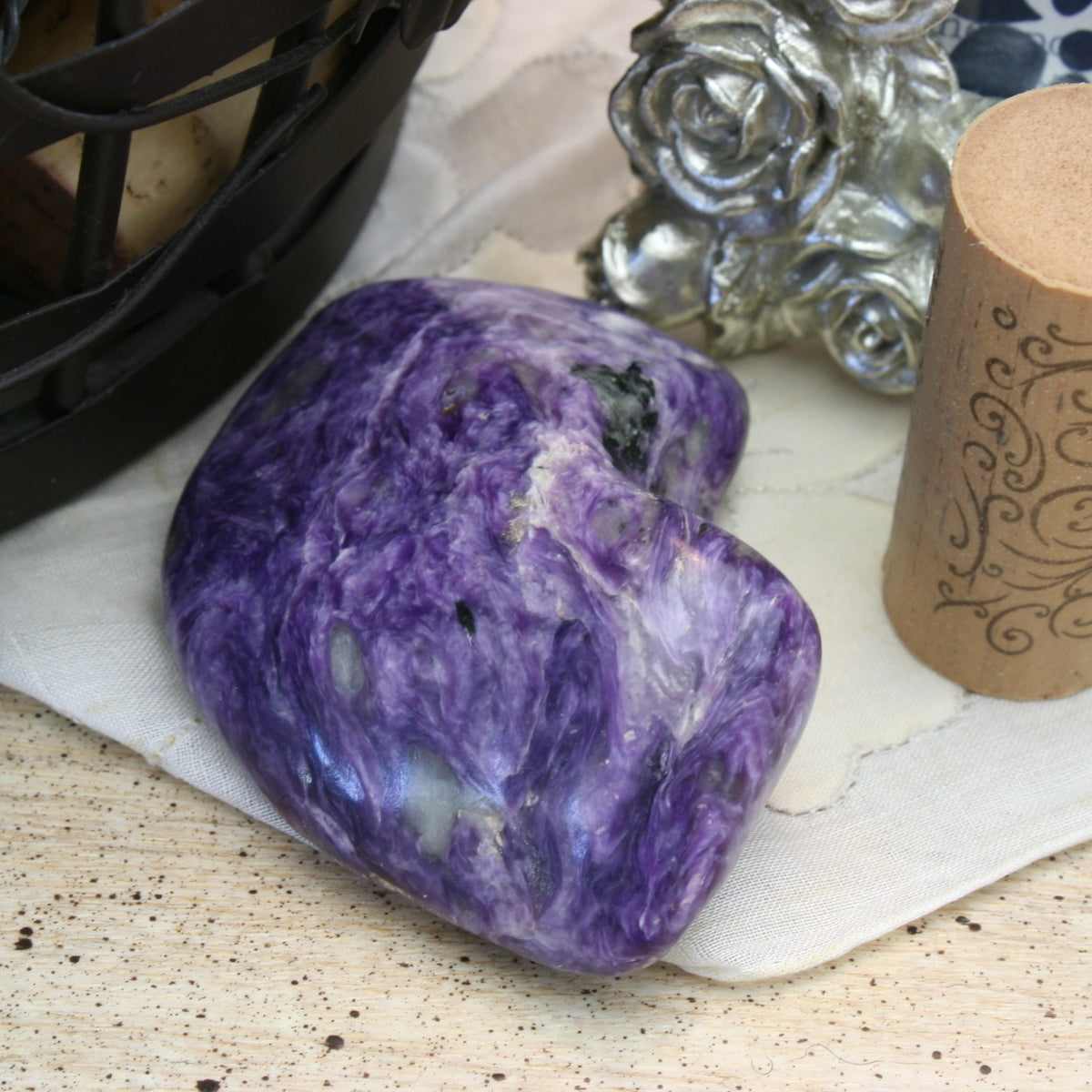Charoite with Aegirine and Tinaksite Polished Freeform Russia, 81.6 grams