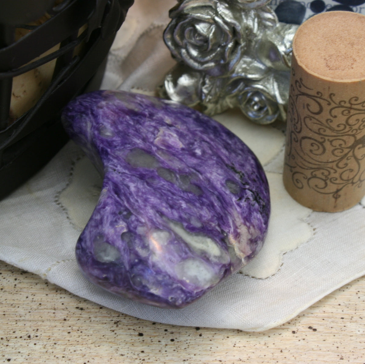 Charoite with Aegirine and Tinaksite Polished Freeform Russia, 81.6 grams