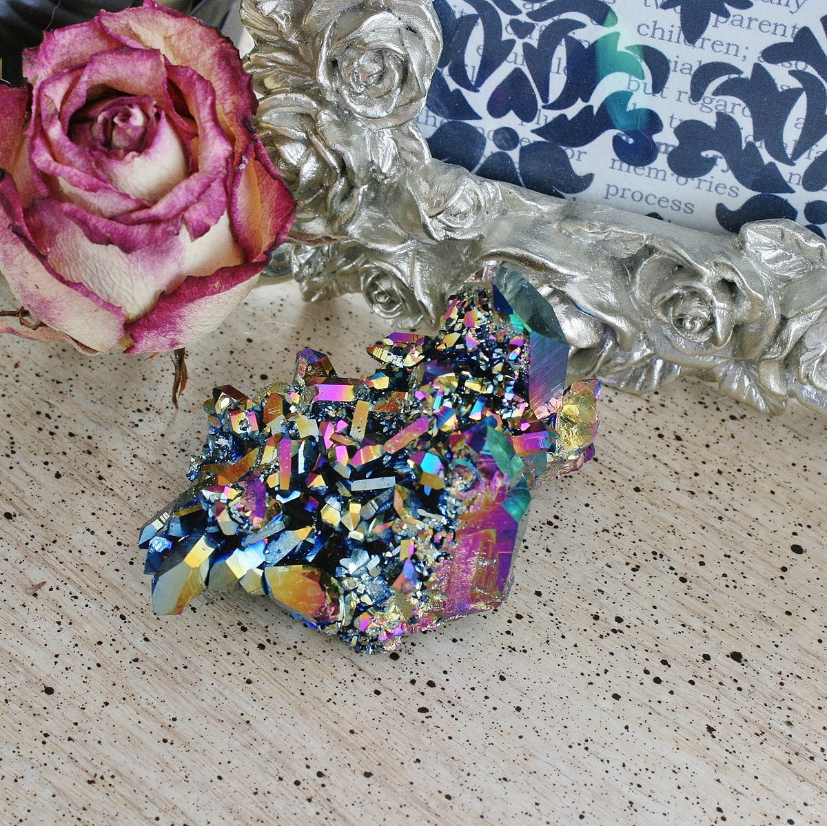 Flame Aura Quart Crystal Cluster from Arkansas, Titanium plated, 62.3 grams