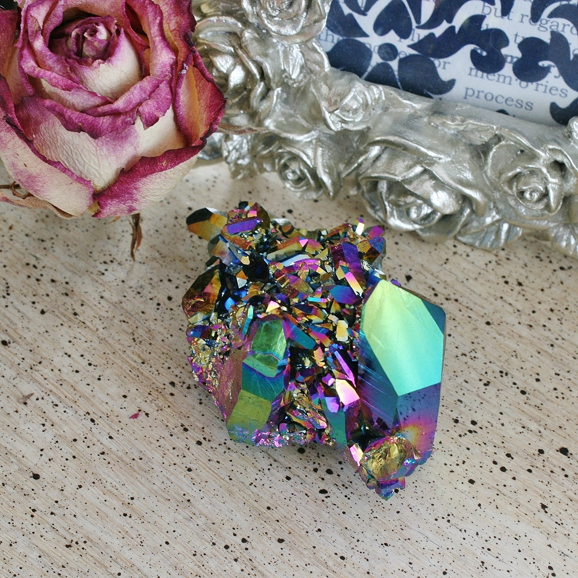 Flame Aura Quart Crystal Cluster from Arkansas, Titanium plated, 62.3 grams