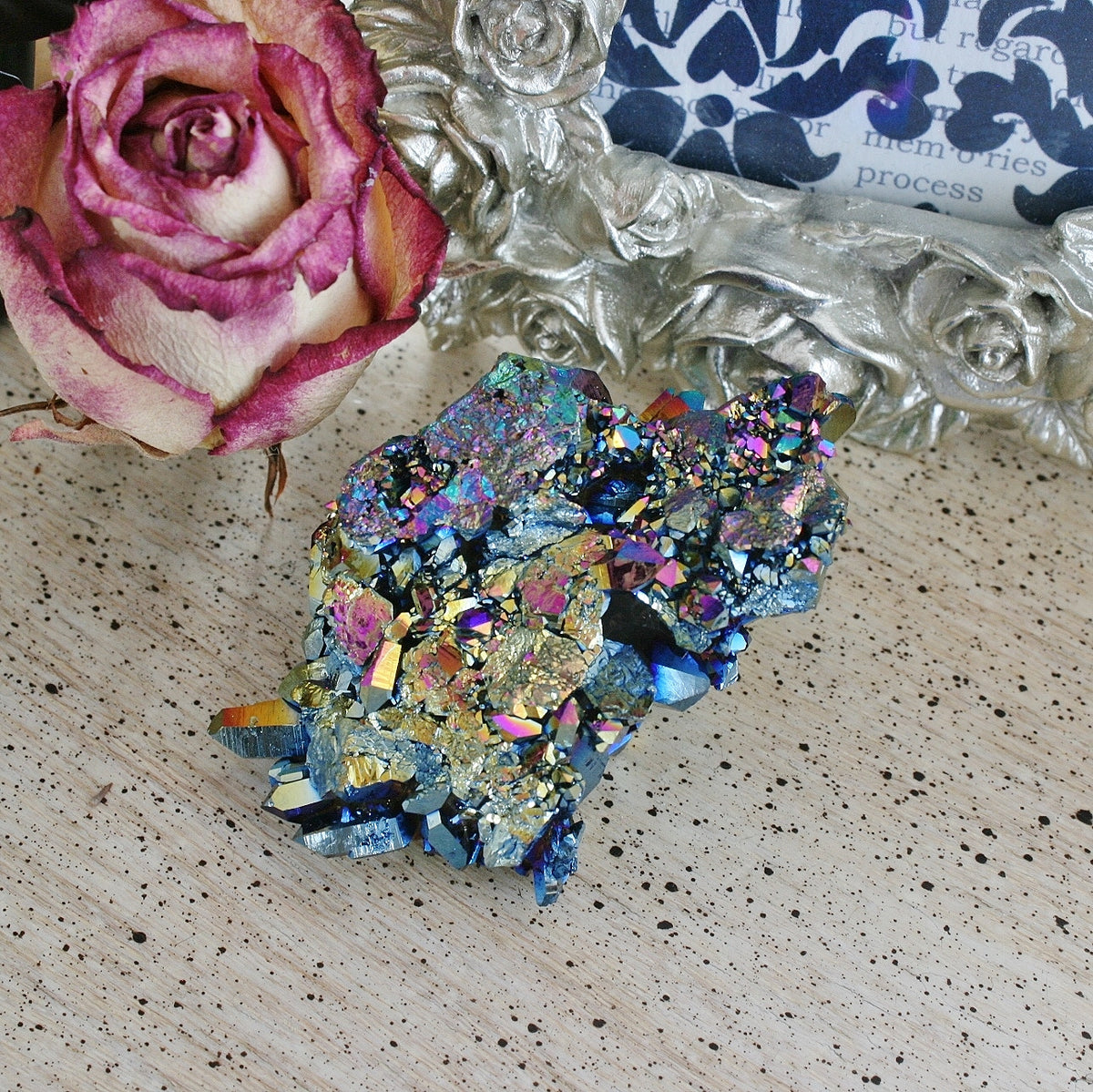 Flame Aura Quart Crystal Cluster from Arkansas, Titanium plated, 62.3 grams