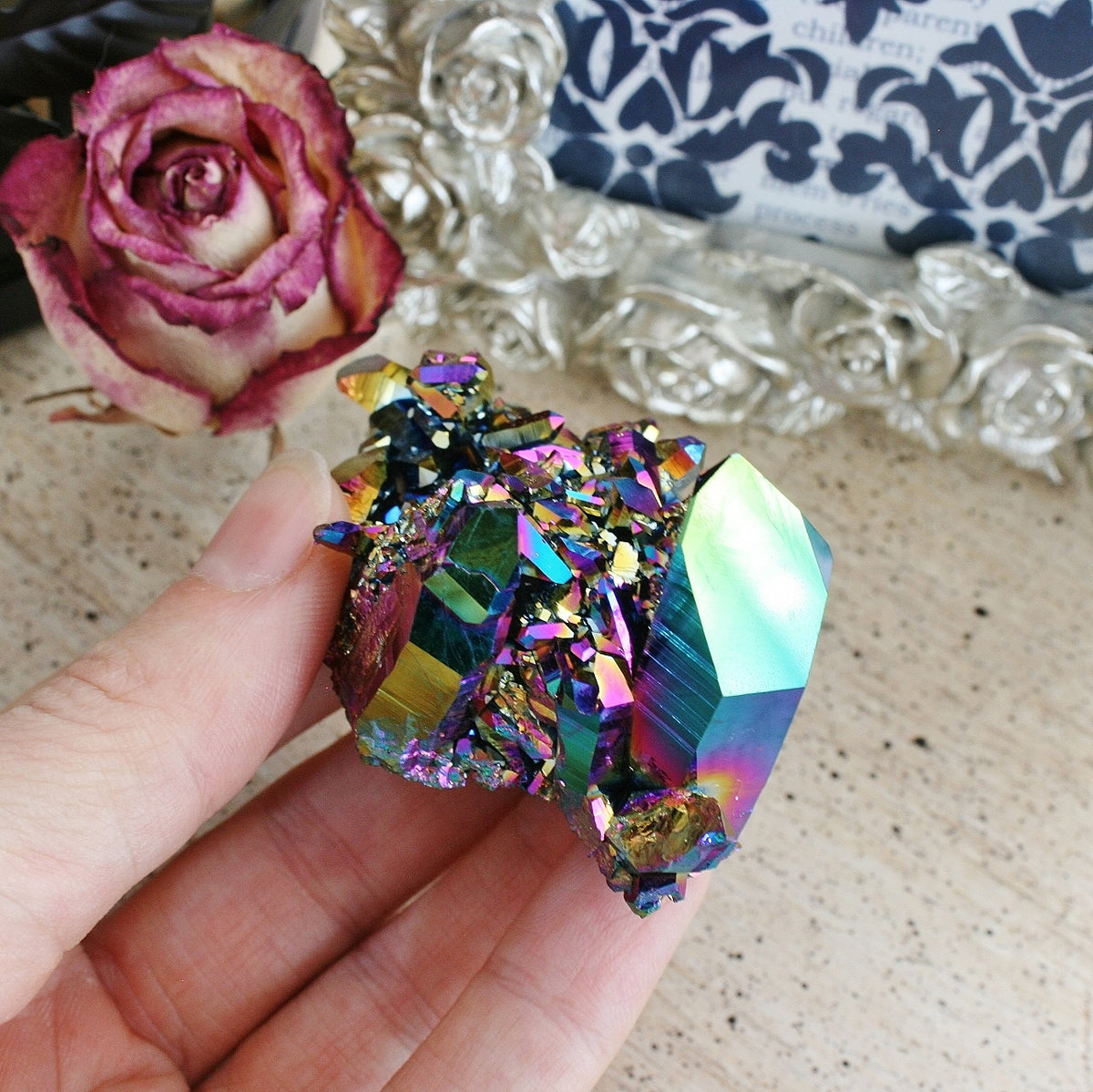 Flame Aura Quart Crystal Cluster from Arkansas, Titanium plated, 62.3 grams