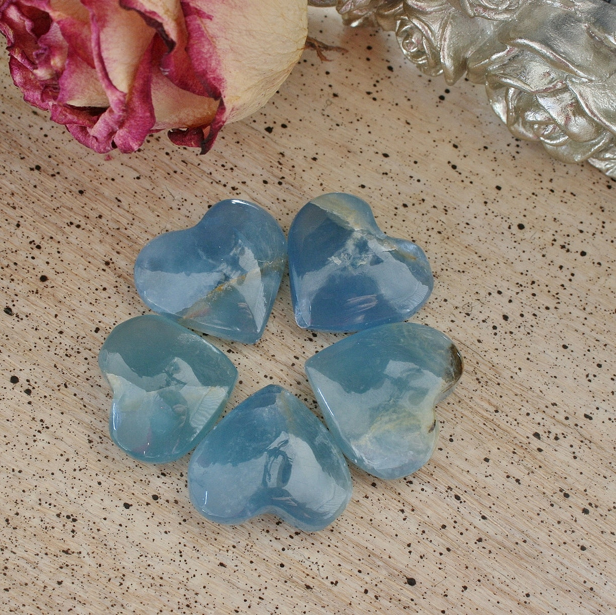 Blue Calcite Crystal Heart from Argentina, also called Blue Onyx or Lemurian Aquatine Calcite, SMH6
