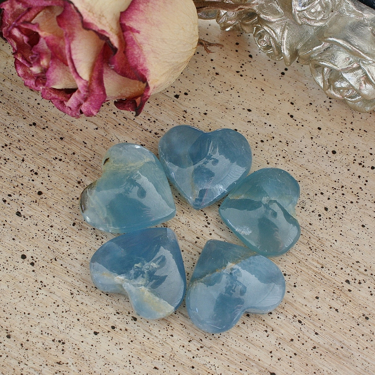 Blue Calcite Crystal Heart from Argentina, also called Blue Onyx or Lemurian Aquatine Calcite, SMH6