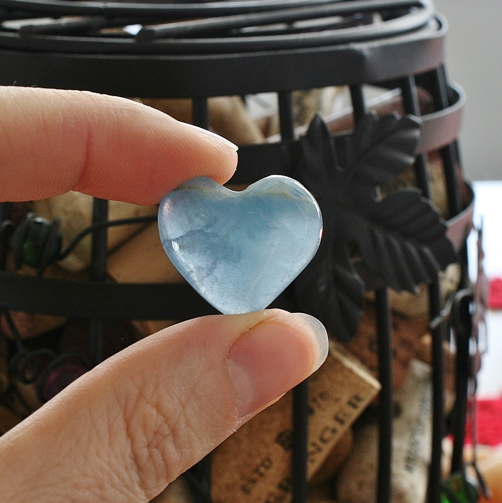 Blue Calcite Crystal Heart from Argentina, also called Blue Onyx or Lemurian Aquatine Calcite, SMH6