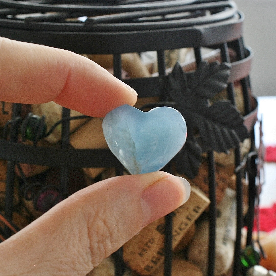 Blue Calcite Crystal Heart from Argentina, also called Blue Onyx or Lemurian Aquatine Calcite, SMH6