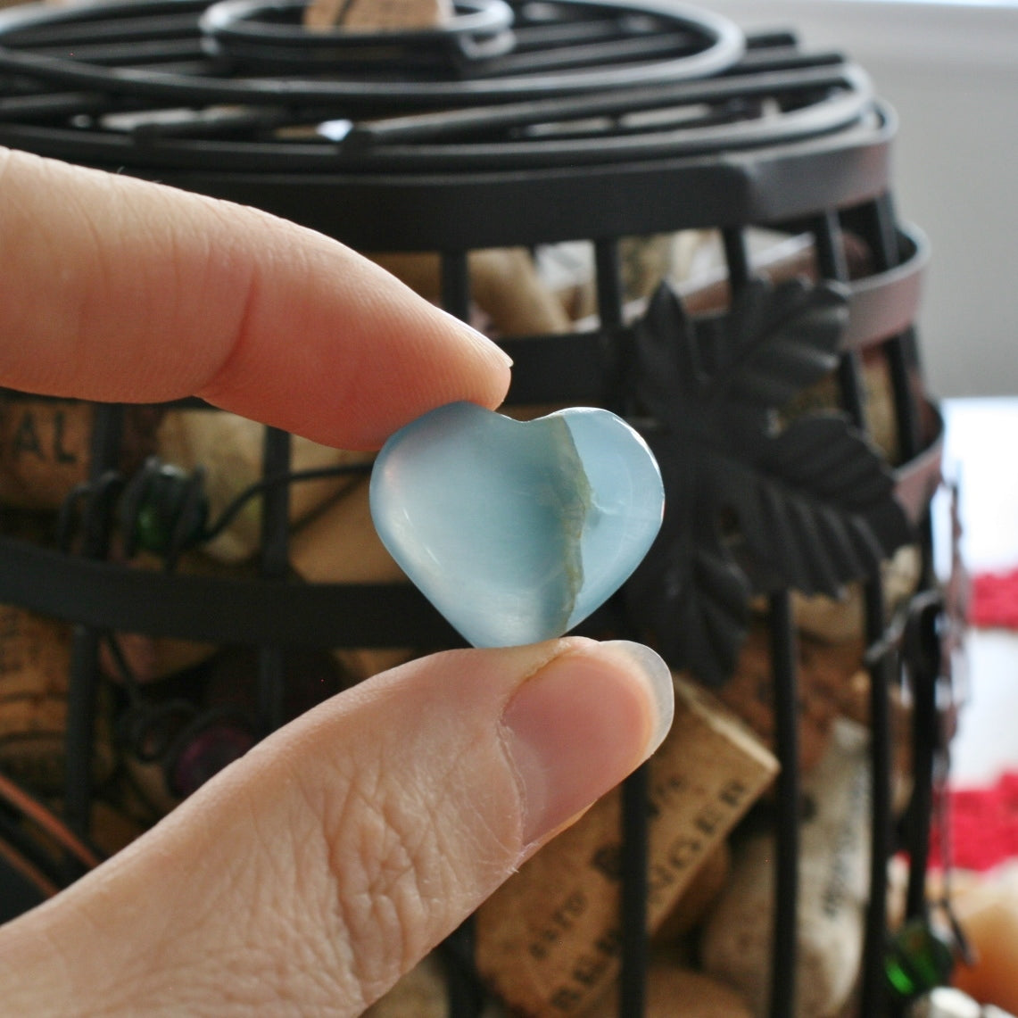 Blue Calcite Crystal Heart from Argentina, also called Blue Onyx or Lemurian Aquatine Calcite, SMH6