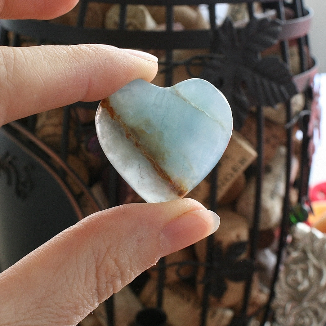 Blue Calcite Heart from Argentina, also called Blue Onyx or Lemurian Aquatine Calcite, MEDH2