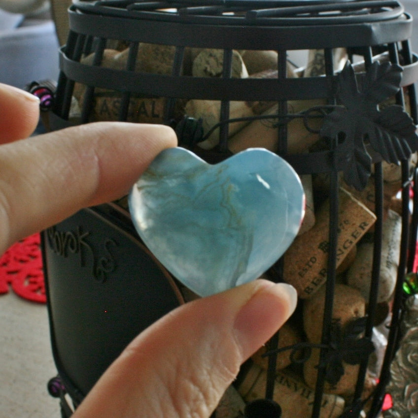 Blue Calcite Heart from Argentina, also called Blue Onyx or Lemurian Aquatine Calcite, MEDH3