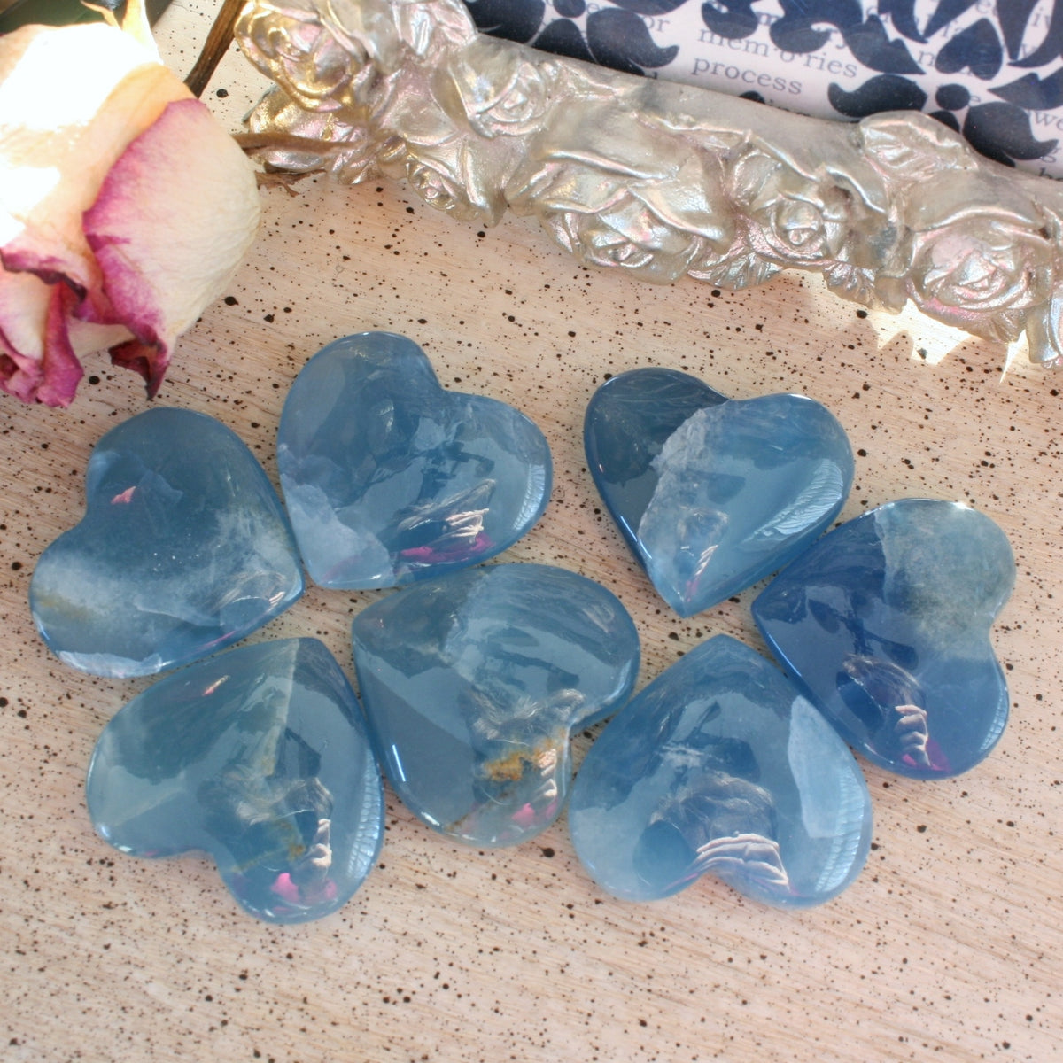 Blue Calcite Heart from Argentina, also called Blue Onyx or Lemurian Aquatine Calcite, MEDH4