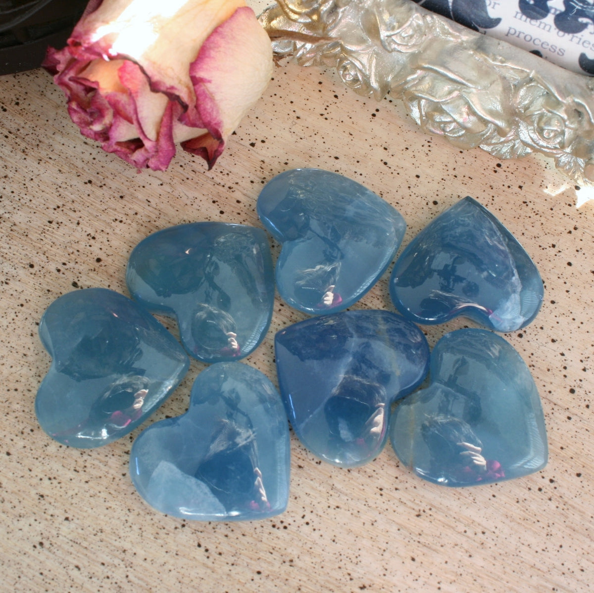 Blue Calcite Heart from Argentina, also called Blue Onyx or Lemurian Aquatine Calcite, MEDH4