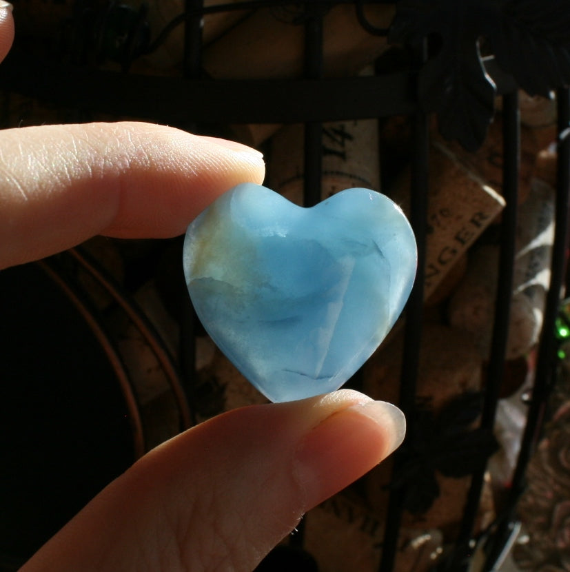 Blue Calcite Heart from Argentina, also called Blue Onyx or Lemurian Aquatine Calcite, MEDH5
