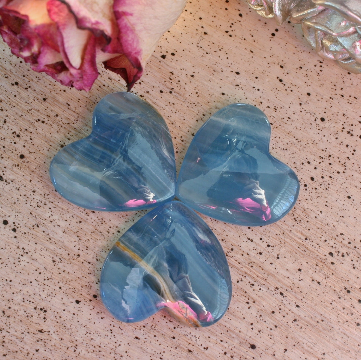 Blue Calcite Heart from Argentina, with Banding also called Blue Onyx or Lemurian Aquatine Calcite, MEDH6