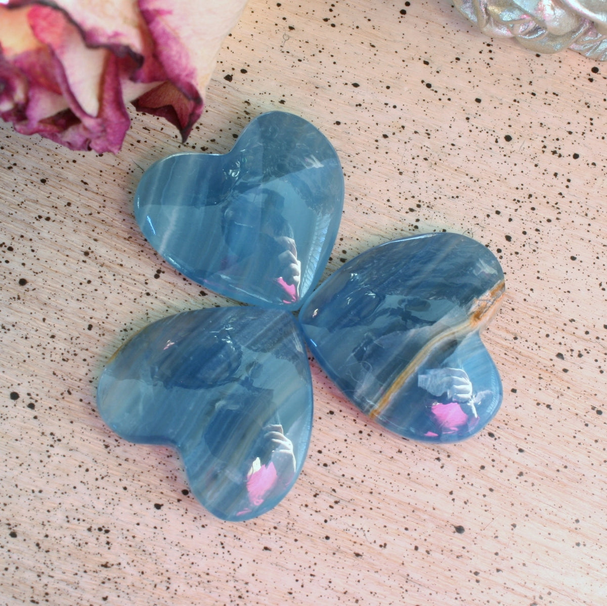Blue Calcite Heart from Argentina, with Banding also called Blue Onyx or Lemurian Aquatine Calcite, MEDH6