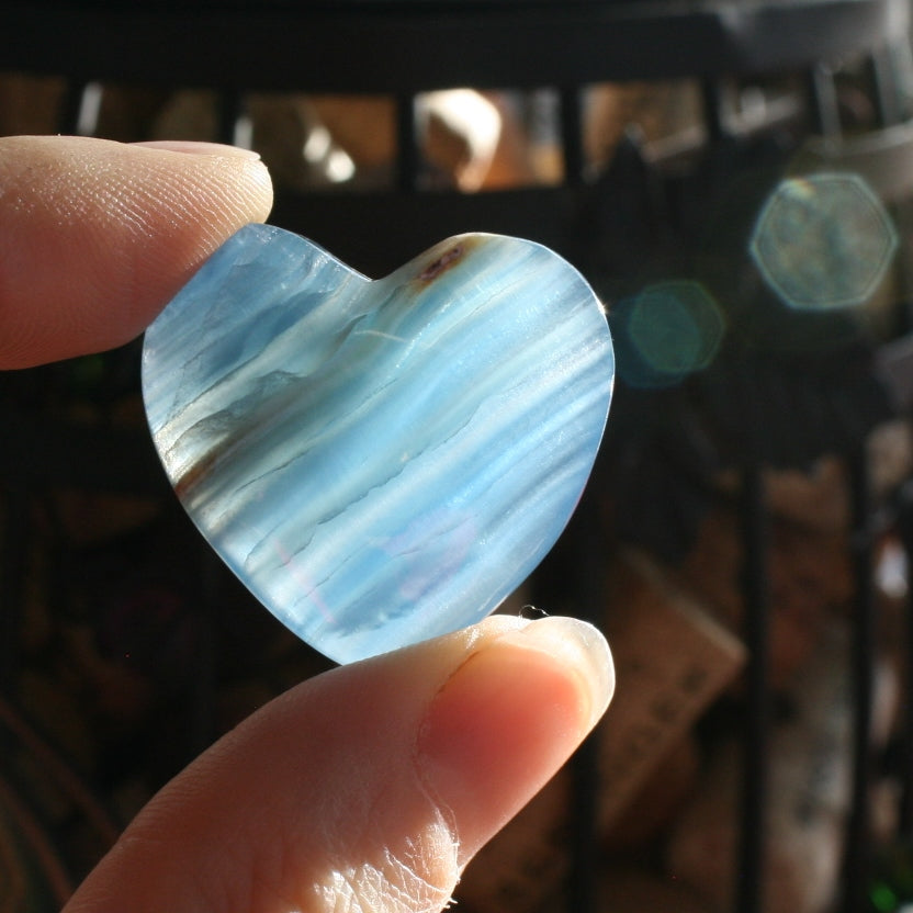 Blue Calcite Heart from Argentina, with Banding also called Blue Onyx or Lemurian Aquatine Calcite, MEDH6