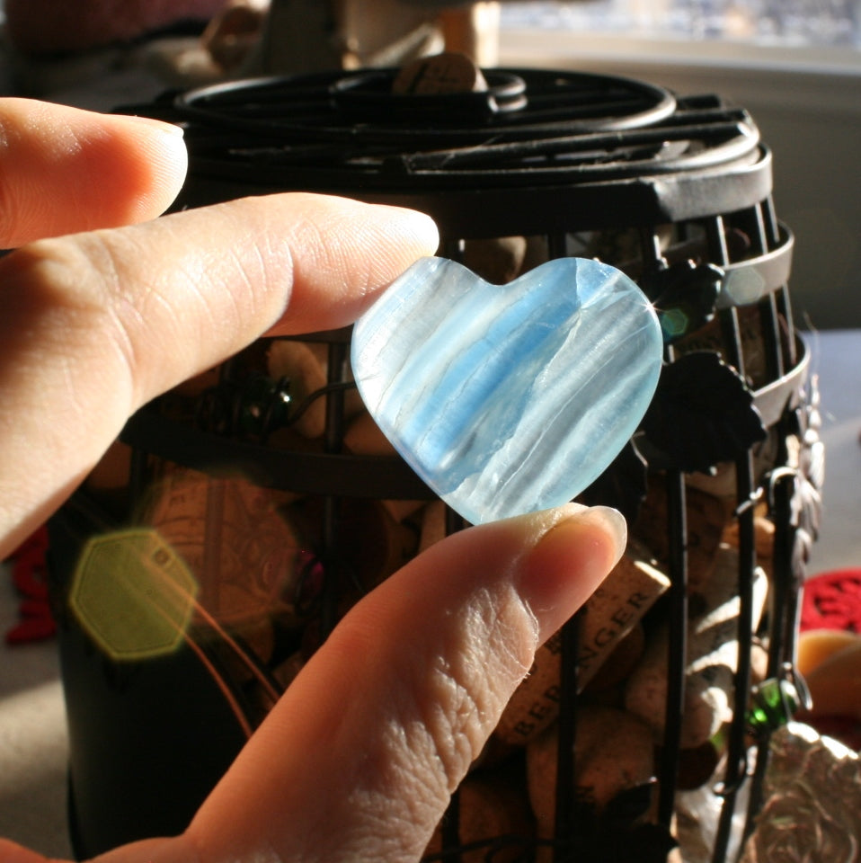 Blue Calcite Heart from Argentina, with Banding also called Blue Onyx or Lemurian Aquatine Calcite, MEDH8