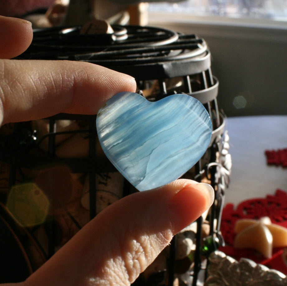 Blue Calcite Heart from Argentina, with Banding also called Blue Onyx or Lemurian Aquatine Calcite, MEDH8