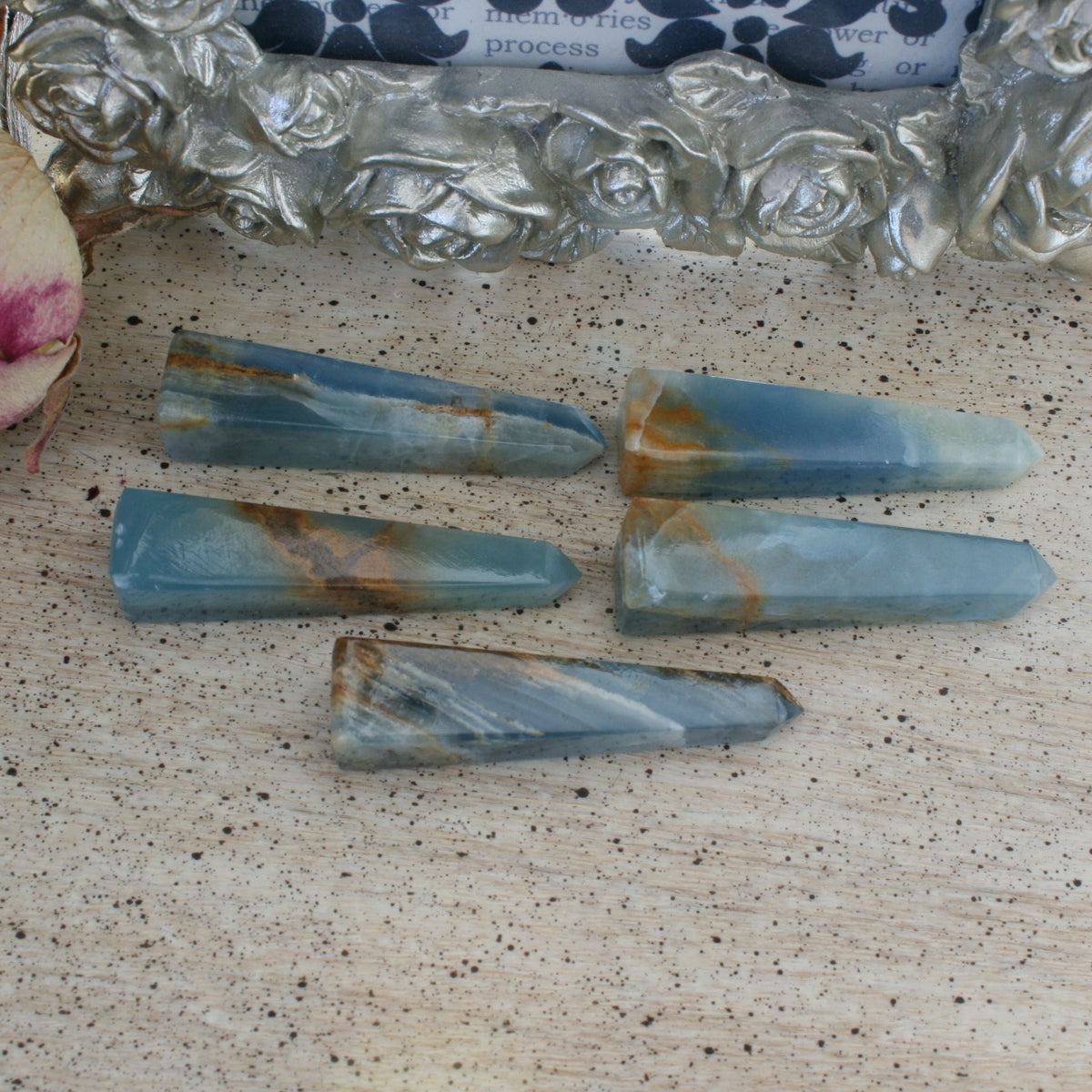 Blue Calcite / Blue Onyx Obelisk from Argentina, also called Lemurian Aquatine Calcite, OB1