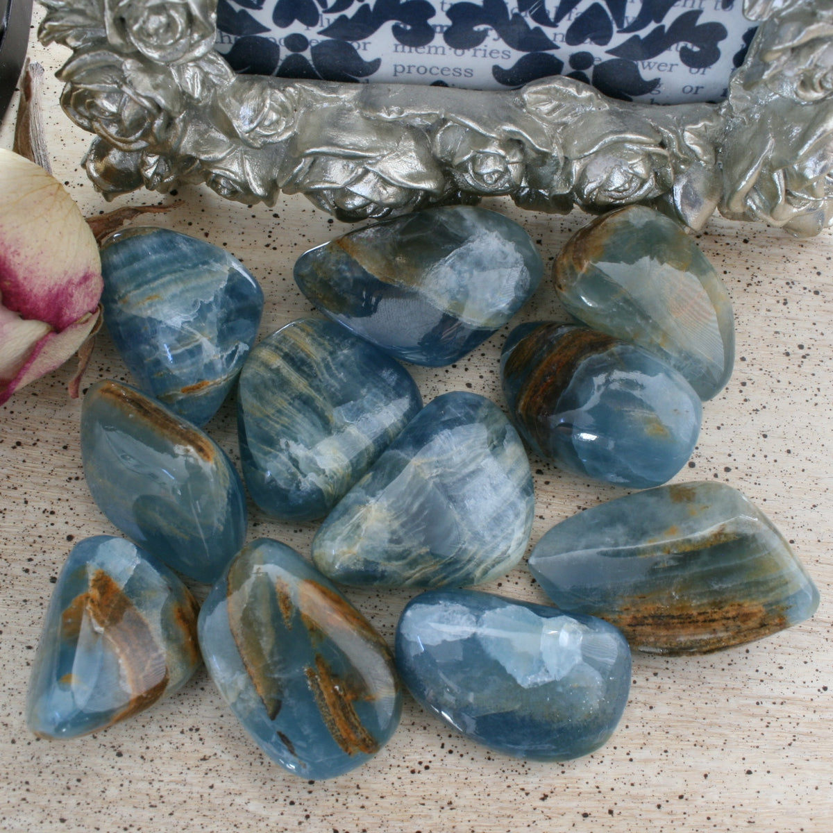 Blue Calcite / Blue Onyx Tumbled Stone from Argentina, also called Lemurian Aquatine Calcite, TUM2