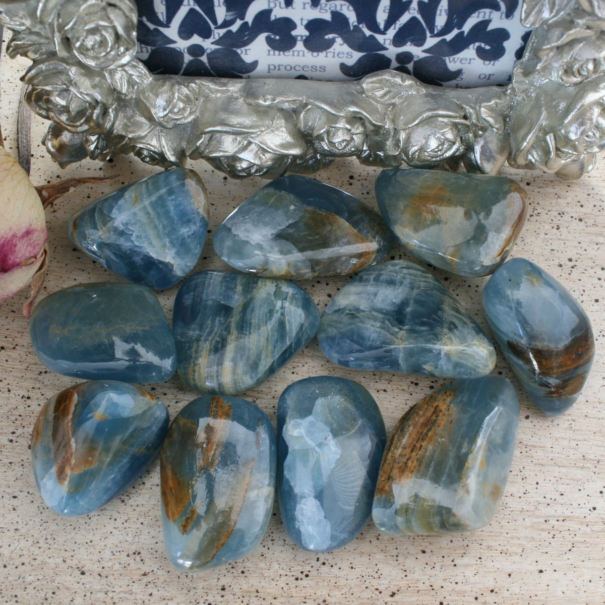 Blue Calcite / Blue Onyx Tumbled Stone from Argentina, also called Lemurian Aquatine Calcite, TUM2