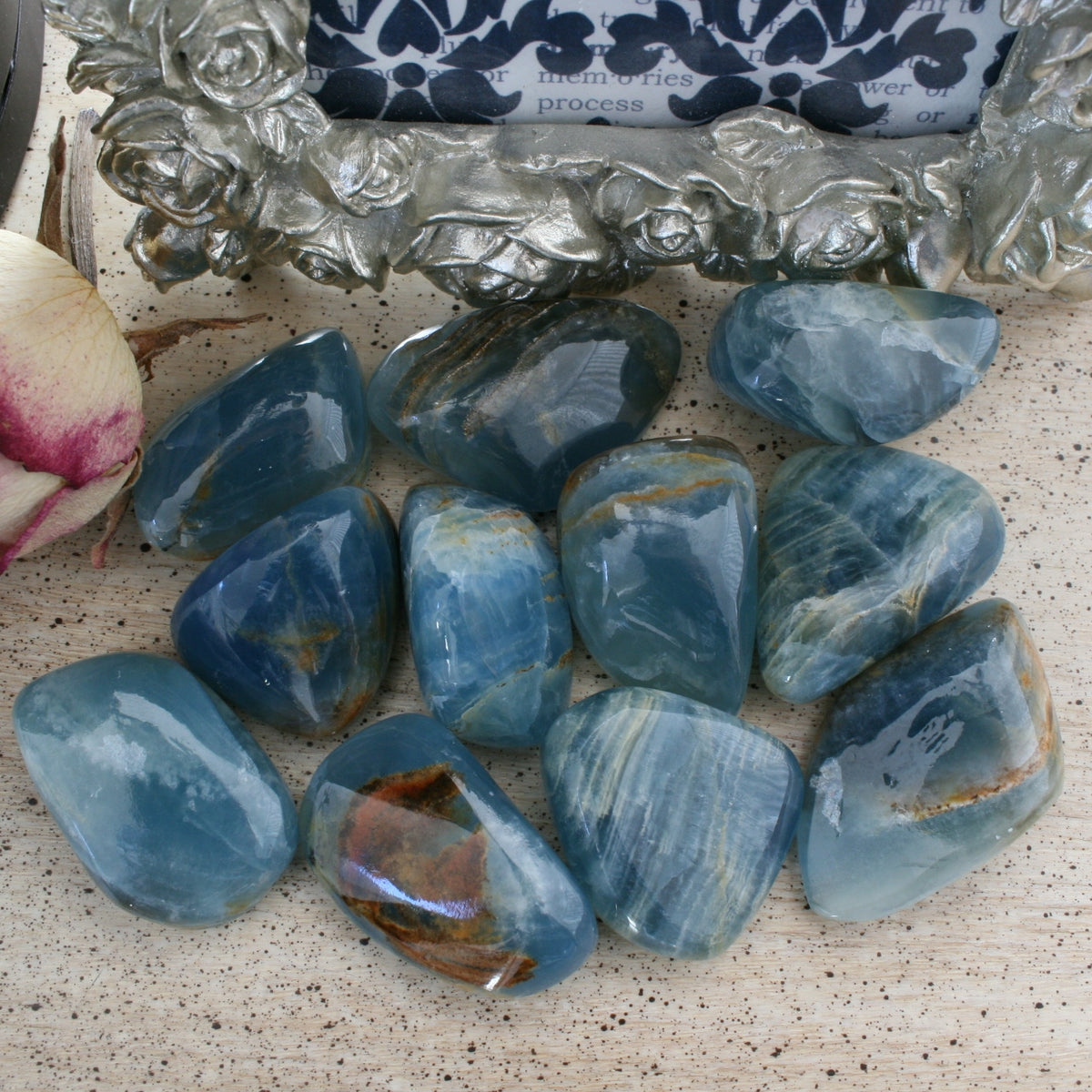 Blue Calcite / Blue Onyx Tumbled Stone from Argentina, also called Lemurian Aquatine Calcite, TUM2