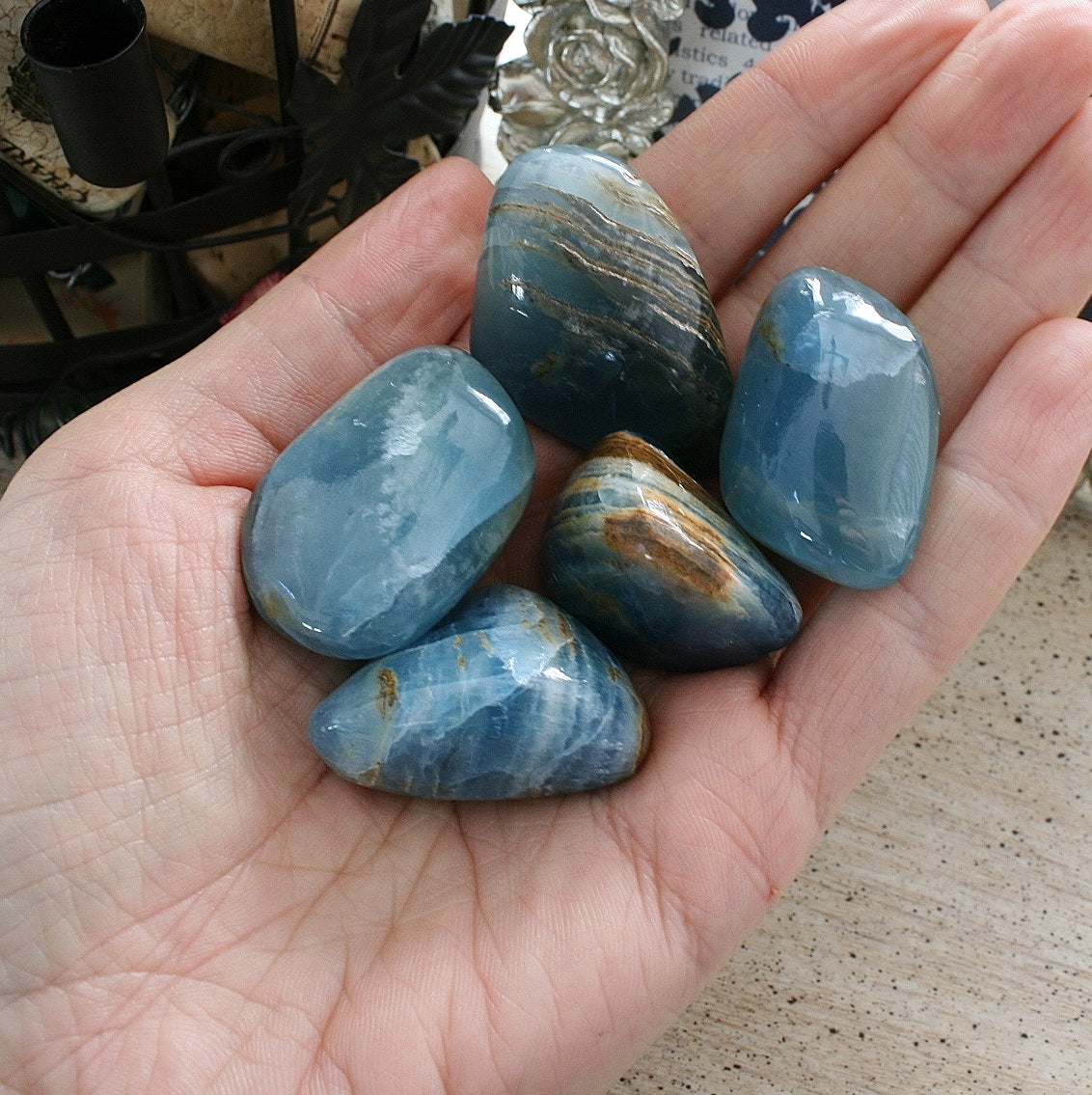 Blue Calcite / Blue Onyx Tumbled Stone from Argentina, also called Lemurian Aquatine Calcite, TUM2