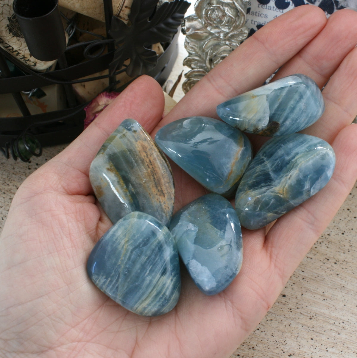 Blue Calcite / Blue Onyx Tumbled Stone from Argentina, also called Lemurian Aquatine Calcite, TUM2
