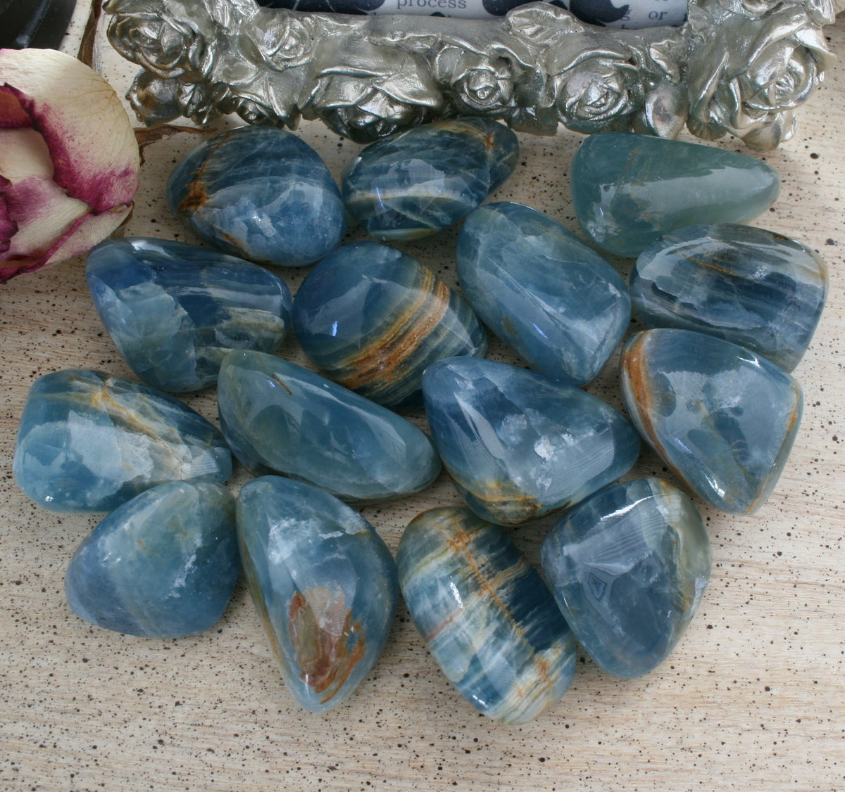 Blue Calcite / Blue Onyx Tumbled Stone from Argentina, also called Lemurian Aquatine Calcite, TUM3
