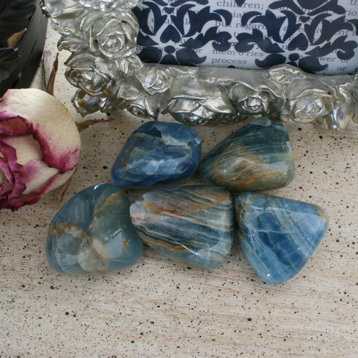 Blue Calcite / Blue Onyx Tumbled Stone from Argentina, also called Lemurian Aquatine Calcite, TUM4