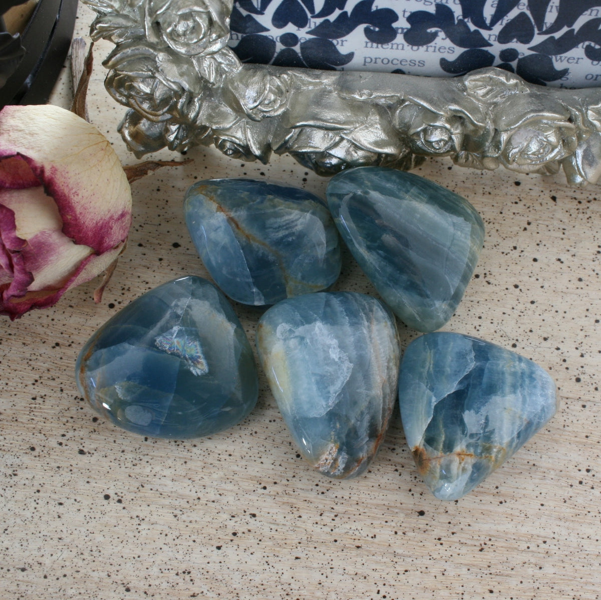 Blue Calcite / Blue Onyx Tumbled Stone from Argentina, also called Lemurian Aquatine Calcite, TUM4