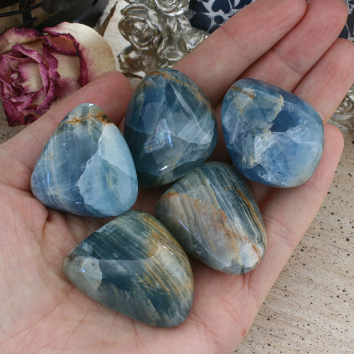 Blue Calcite / Blue Onyx Tumbled Stone from Argentina, also called Lemurian Aquatine Calcite, TUM4
