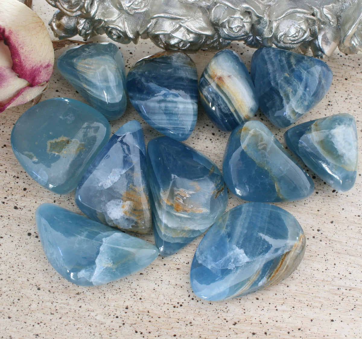 Blue Calcite / Blue Onyx Tumbled Stone from Argentina, also called Lemurian Aquatine Calcite, TUM9