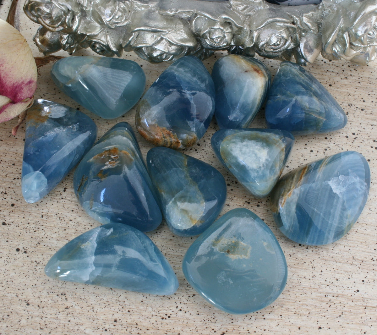 Blue Calcite / Blue Onyx Tumbled Stone from Argentina, also called Lemurian Aquatine Calcite, TUM9