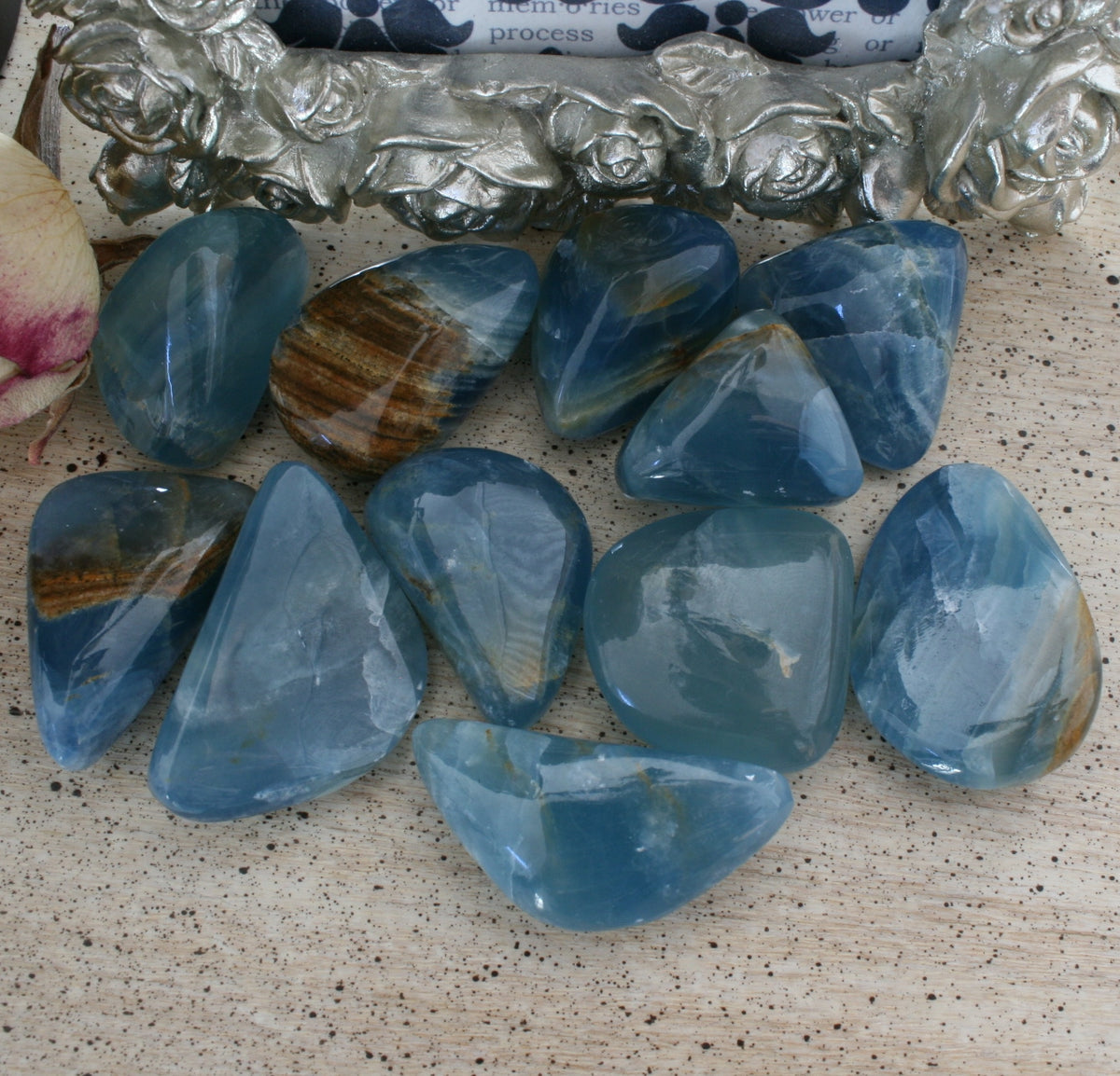 Blue Calcite / Blue Onyx Tumbled Stone from Argentina, also called Lemurian Aquatine Calcite, TUM9