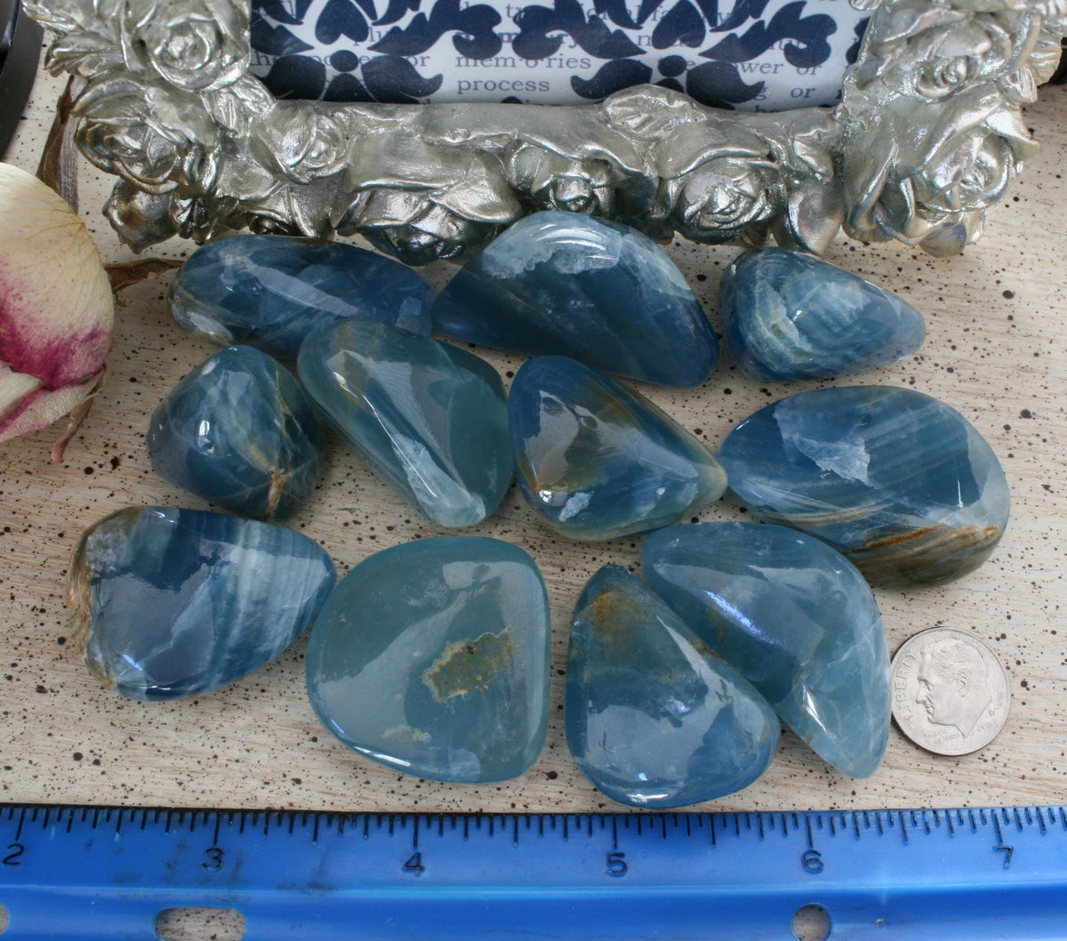 Blue Calcite / Blue Onyx Tumbled Stone from Argentina, also called Lemurian Aquatine Calcite, TUM9