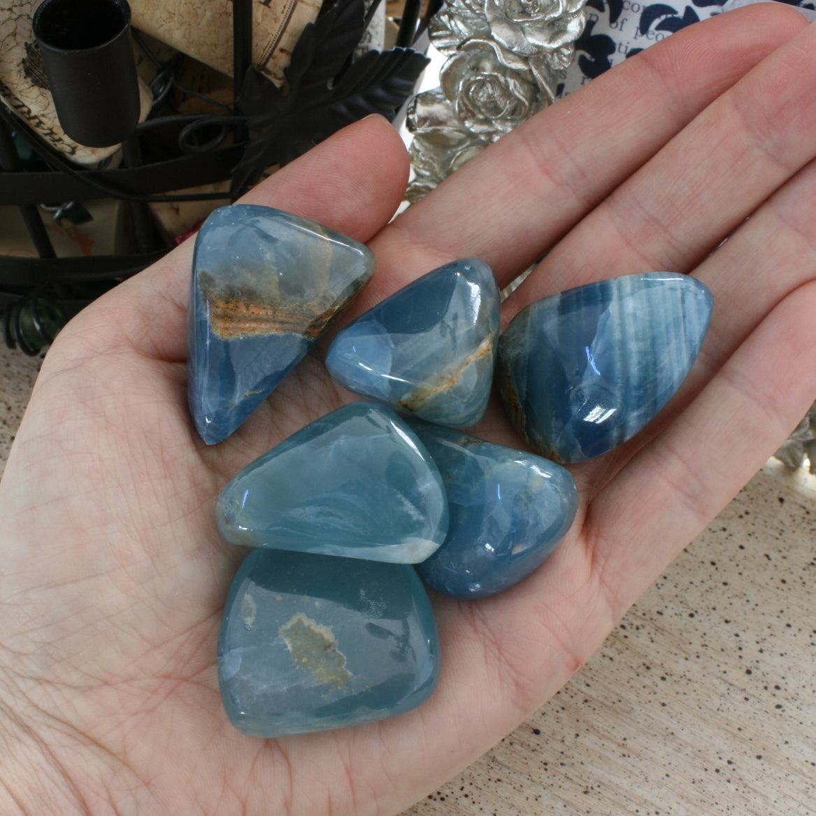 Blue Calcite / Blue Onyx Tumbled Stone from Argentina, also called Lemurian Aquatine Calcite, TUM9