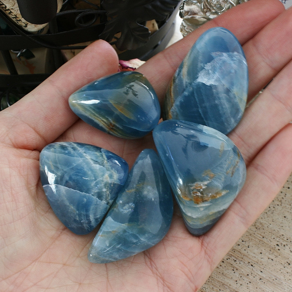 Blue Calcite / Blue Onyx Tumbled Stone from Argentina, also called Lemurian Aquatine Calcite, TUM9