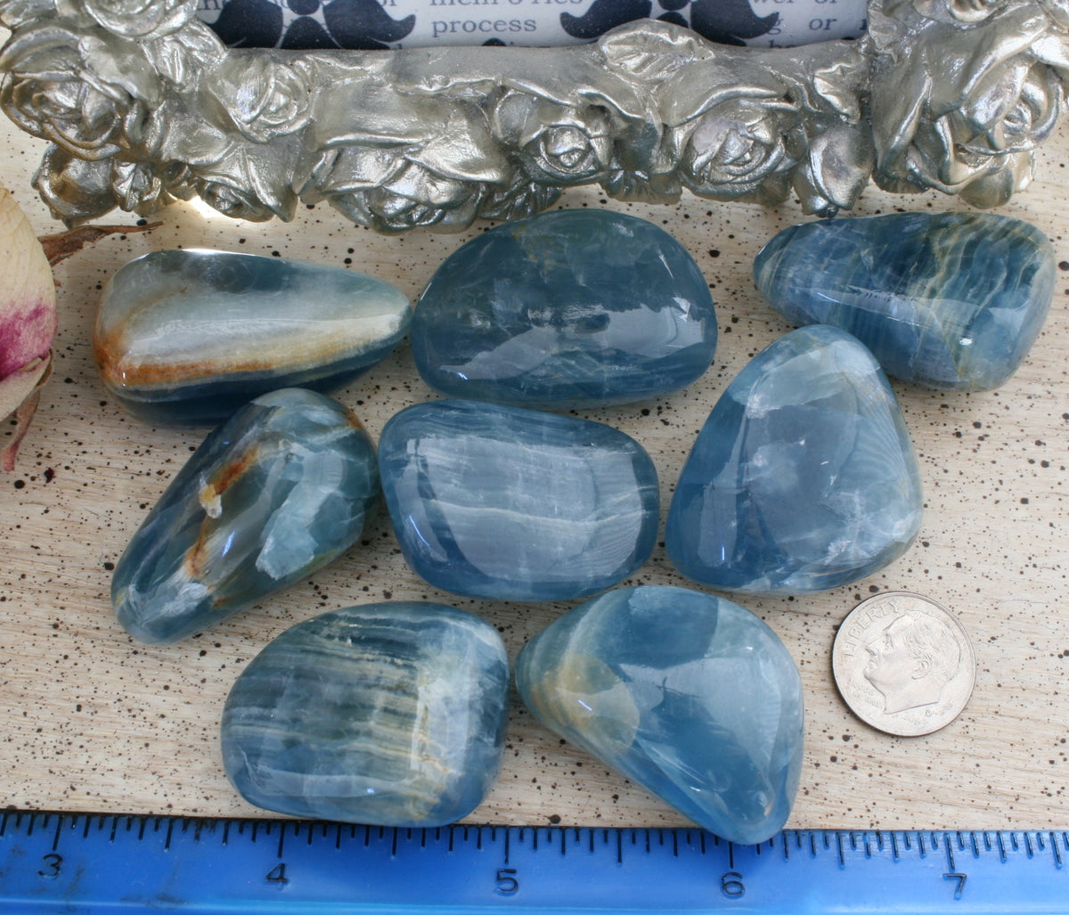 Blue Calcite / Blue Onyx Tumbled Stone from Argentina, also called Lemurian Aquatine Calcite, TUM11