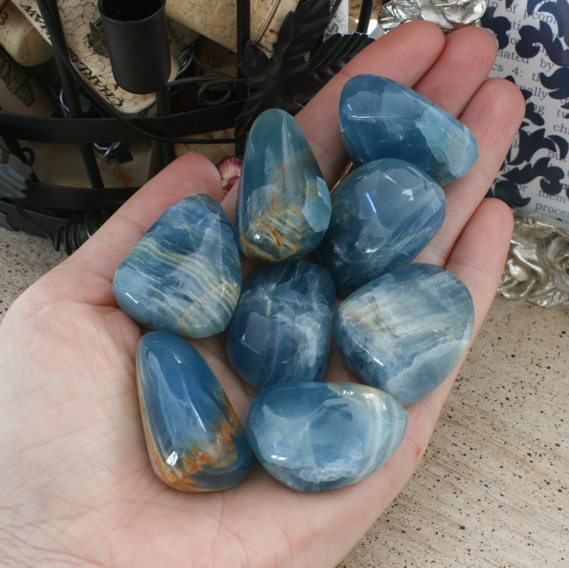 Blue Calcite / Blue Onyx Tumbled Stone from Argentina, also called Lemurian Aquatine Calcite, TUM11