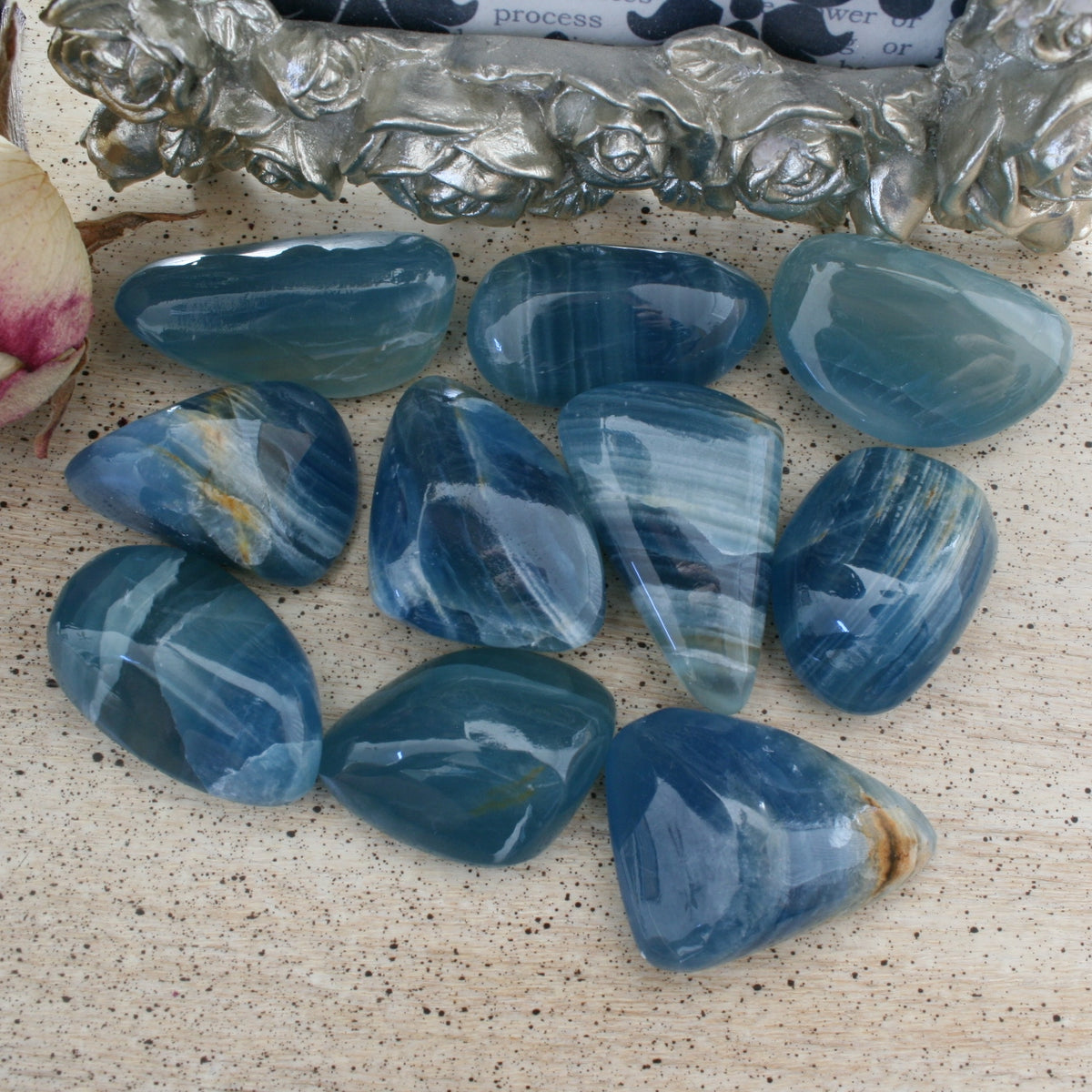 Blue Calcite / Blue Onyx Tumbled Stone from Argentina, also called Lemurian Aquatine Calcite, TUM13