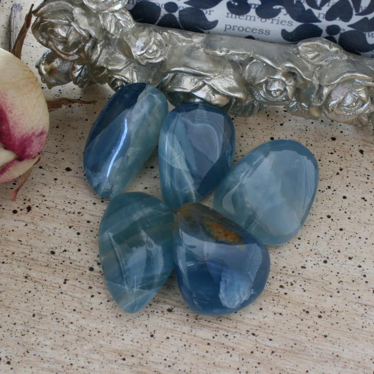 Blue Calcite / Blue Onyx Tumbled Stone from Argentina, also called Lemurian Aquatine Calcite, TUM16
