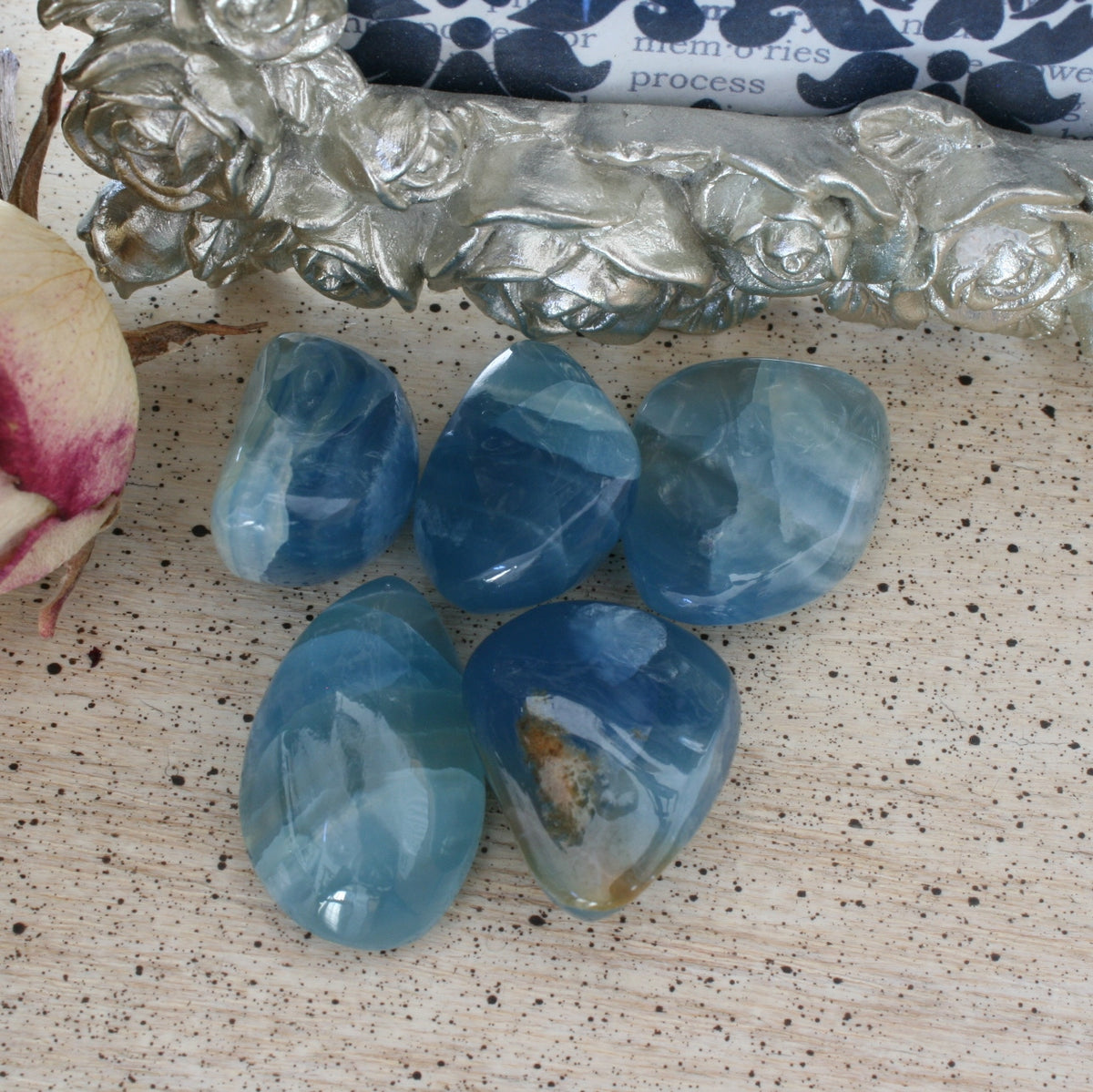 Blue Calcite / Blue Onyx Tumbled Stone from Argentina, also called Lemurian Aquatine Calcite, TUM16