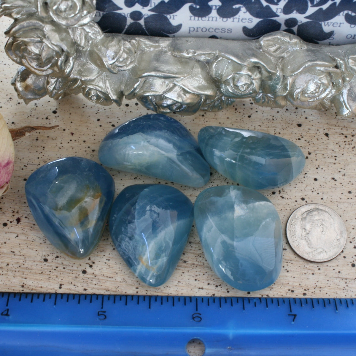 Blue Calcite / Blue Onyx Tumbled Stone from Argentina, also called Lemurian Aquatine Calcite, TUM16