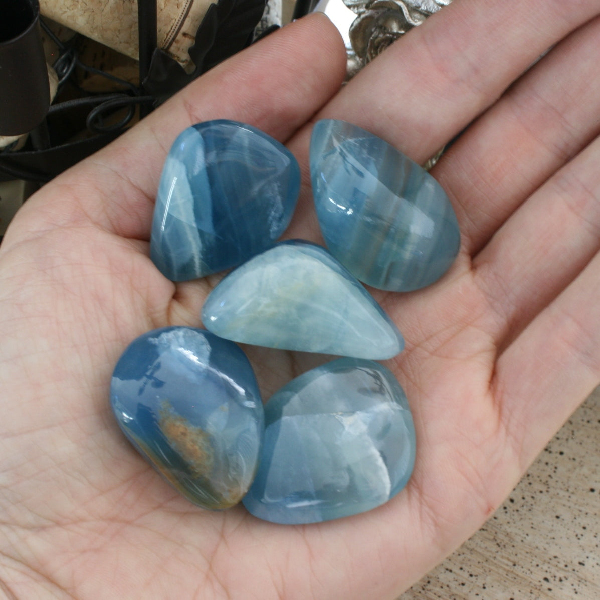 Blue Calcite / Blue Onyx Tumbled Stone from Argentina, also called Lemurian Aquatine Calcite, TUM16