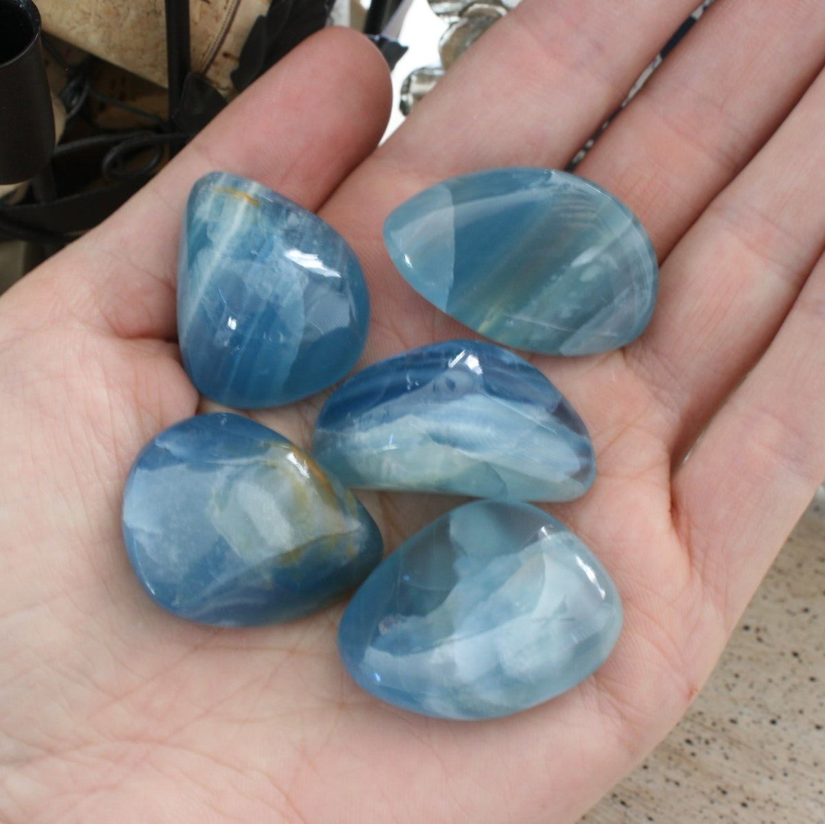 Blue Calcite / Blue Onyx Tumbled Stone from Argentina, also called Lemurian Aquatine Calcite, TUM16