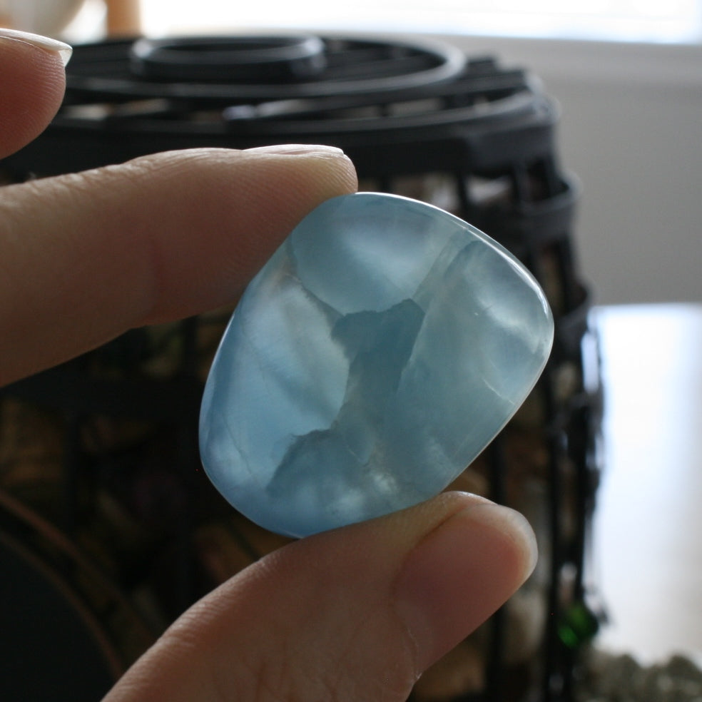 Blue Calcite / Blue Onyx Tumbled Stone from Argentina, also called Lemurian Aquatine Calcite, TUM16
