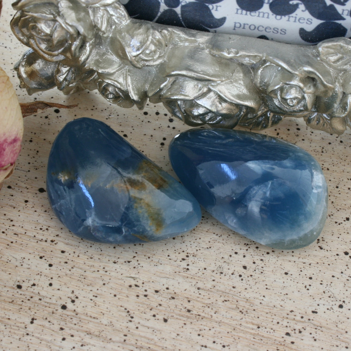 Set of 2 Blue Calcite / Blue Onyx Tumbled Stone from Argentina, also called Lemurian Aquatine Calcite, TUM20