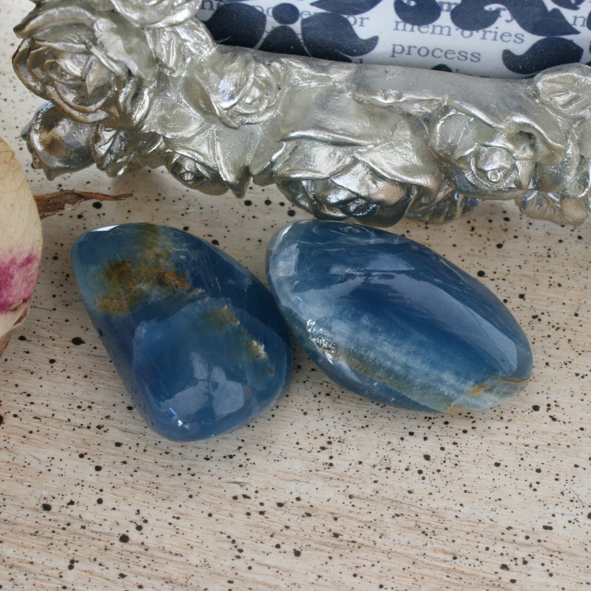 Set of 2 Blue Calcite / Blue Onyx Tumbled Stone from Argentina, also called Lemurian Aquatine Calcite, TUM20