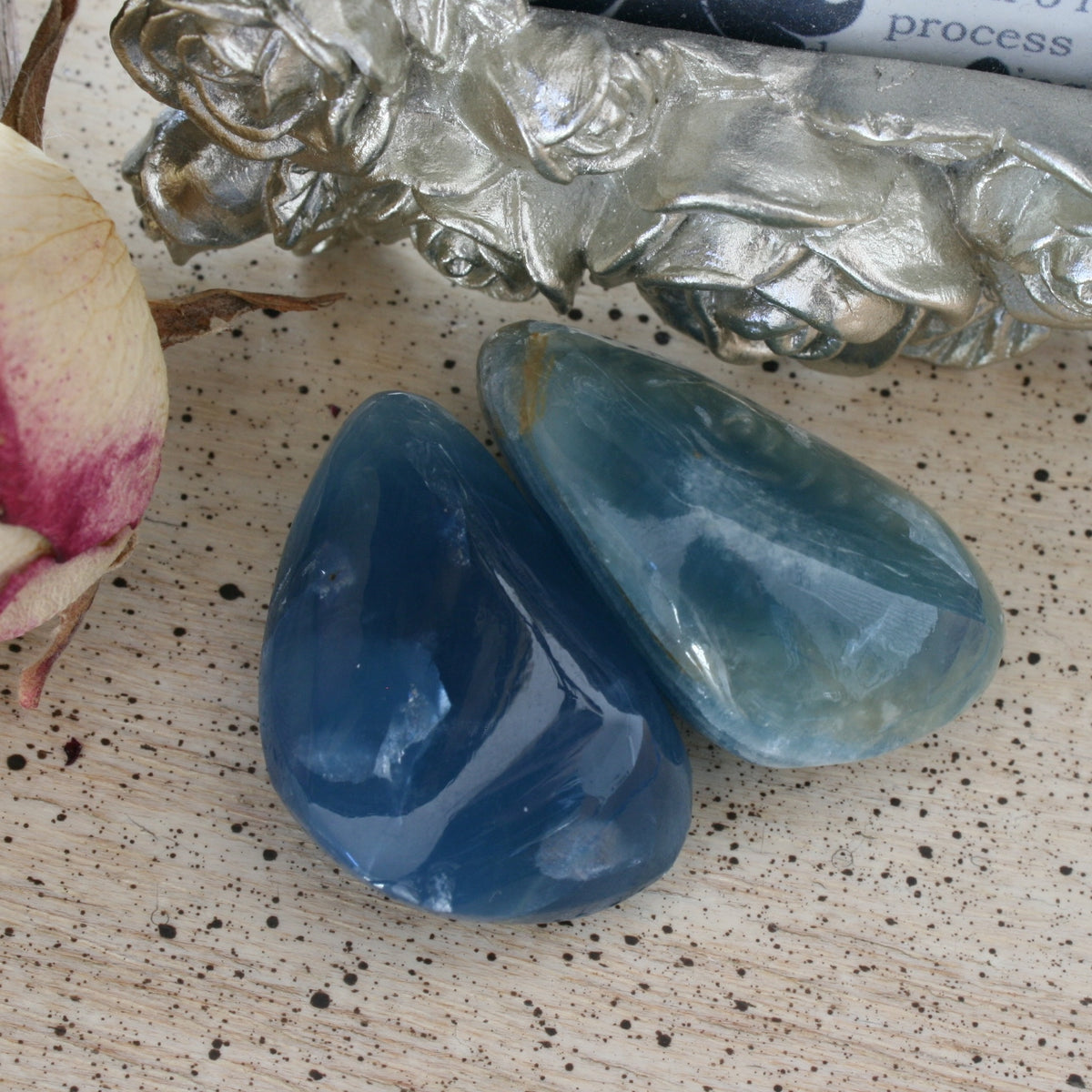 Set of 2 Blue Calcite / Blue Onyx Tumbled Stone from Argentina, also called Lemurian Aquatine Calcite, TUM20